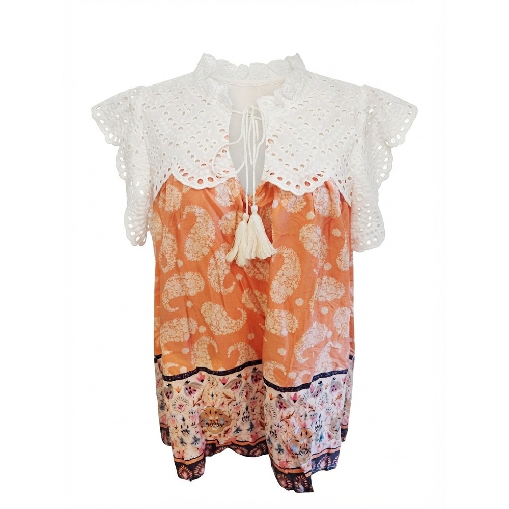 Mazik Plus Size Peach White Eyelet Flutter Sleeve Blouse Size 3X NWT